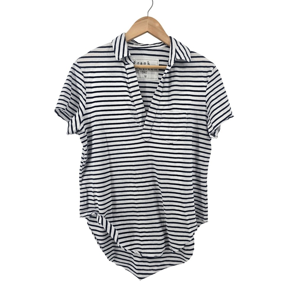 Frank & Eileen Shirt Womens Medium White Navy Striped Short Sleeve V-Neck